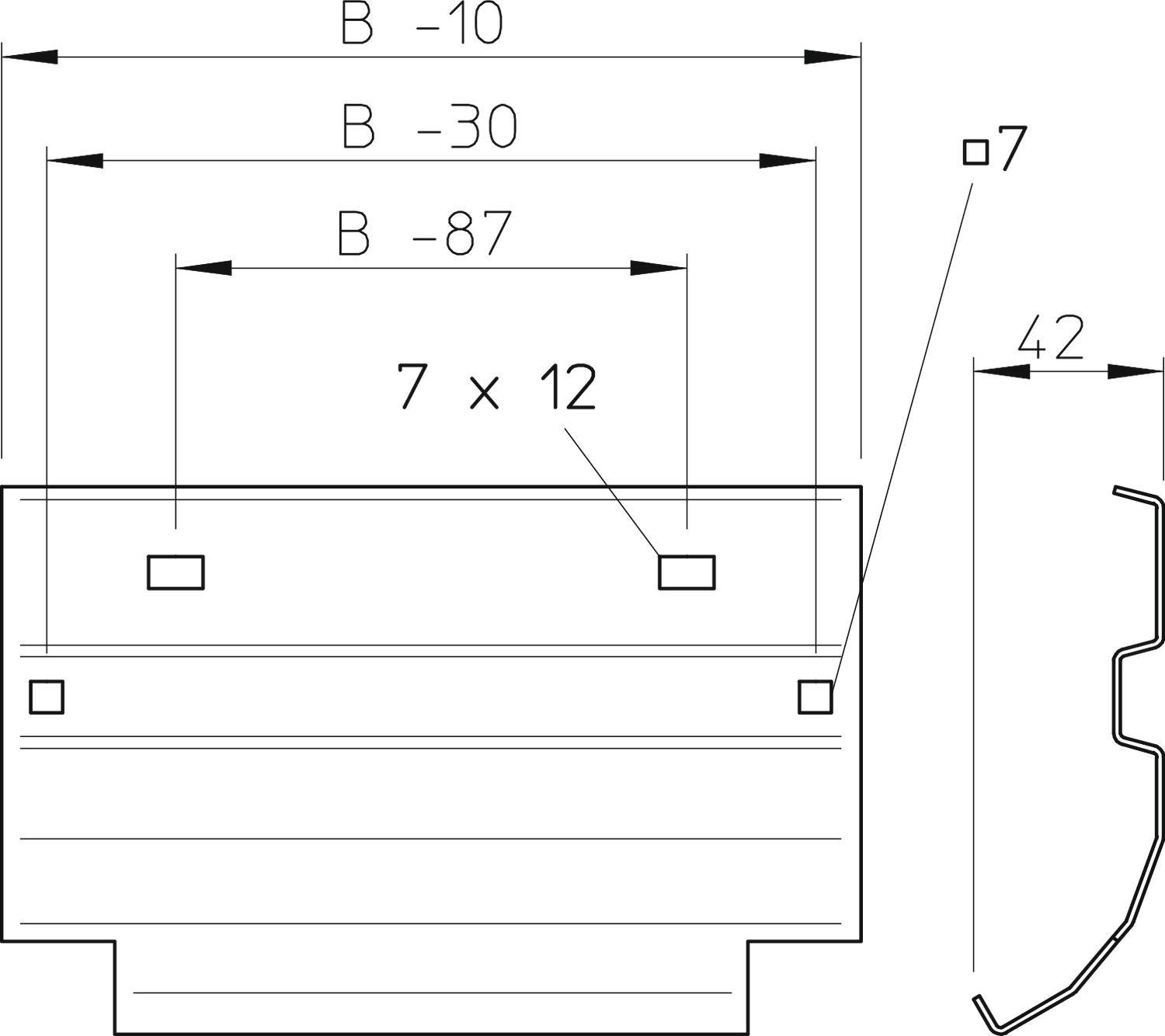 Technický výkres součásti s rozměry: délka B-87, šířka 42, několik obdélníkových výřezů a další rozměrové údaje.