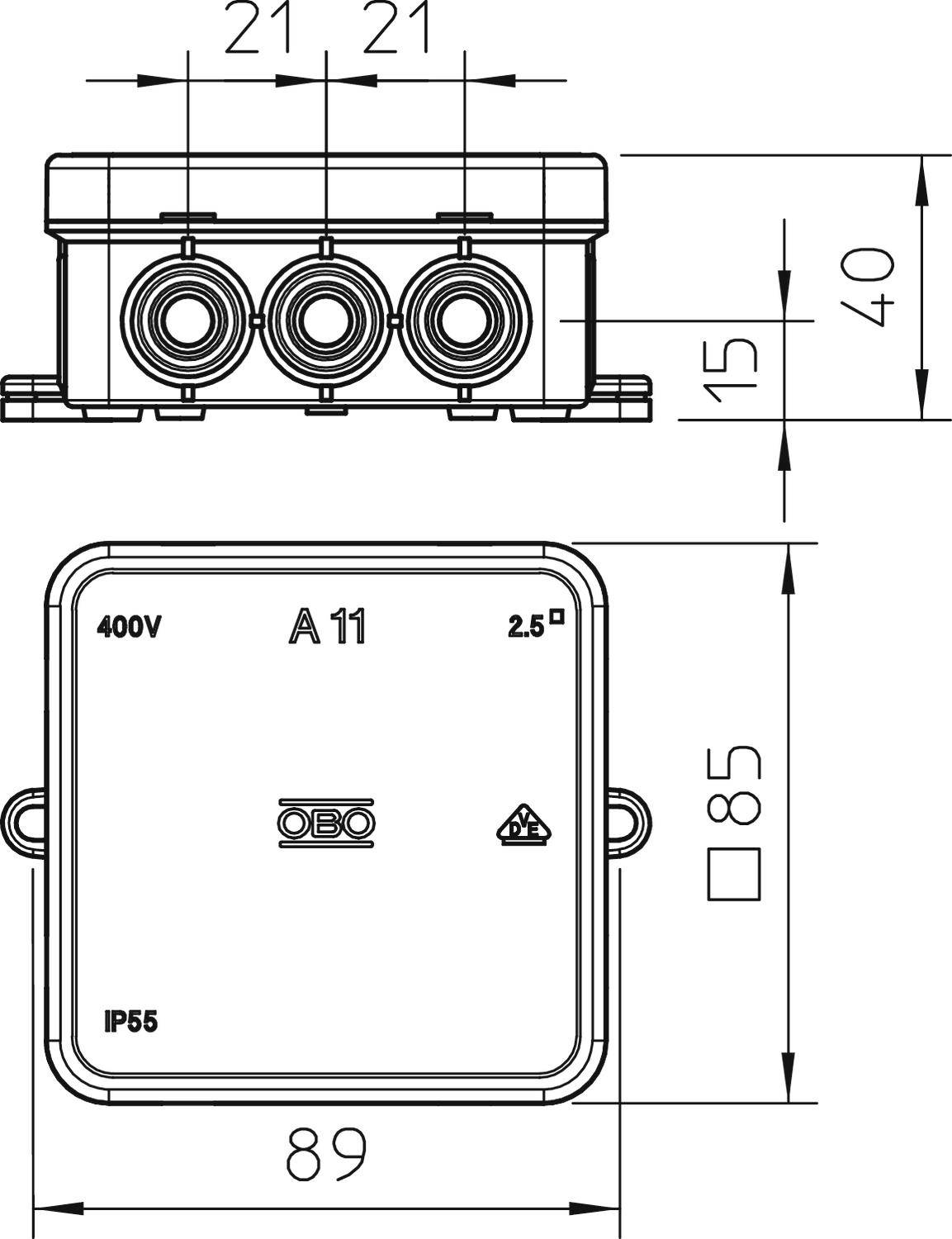 Elektrický rozvaděč IP56, 400V, rozměry 89x85 mm, boční pohled se třemi kabelovými vstupy a čelní pohled s popisky.