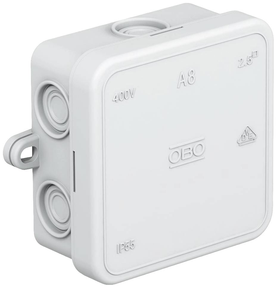 Bílá plastová rozvodná krabice s nápisem '400V', 'A8', '2,5²' a 'IP55'. Vhodná pro elektrické instalace.