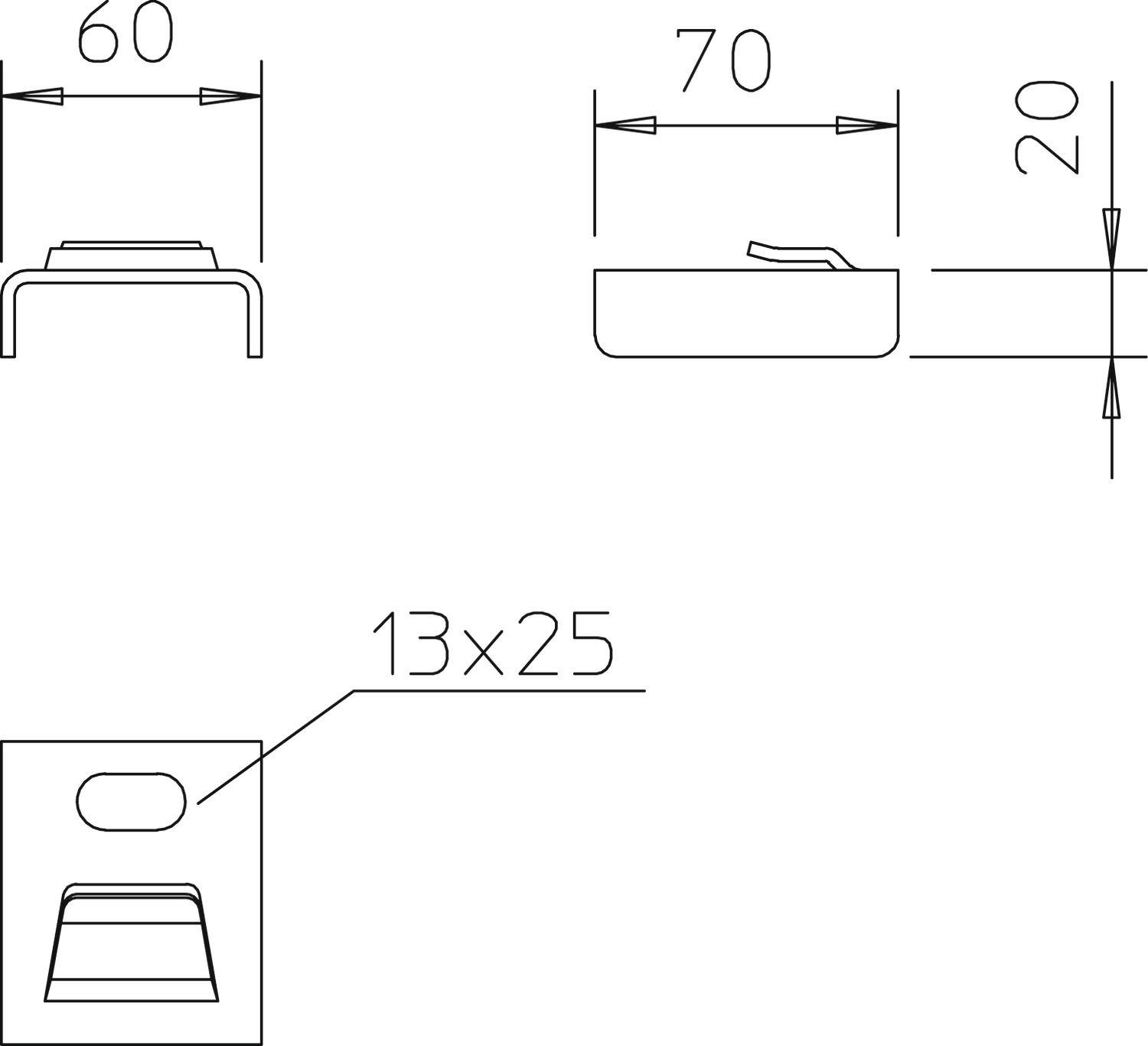 Konstrukční výkres dílu s rozměry: šířka 60 mm, délka 70 mm, výška 20 mm. Detailní výřez zobrazuje štěrbinu o rozměrech 13x25 mm.