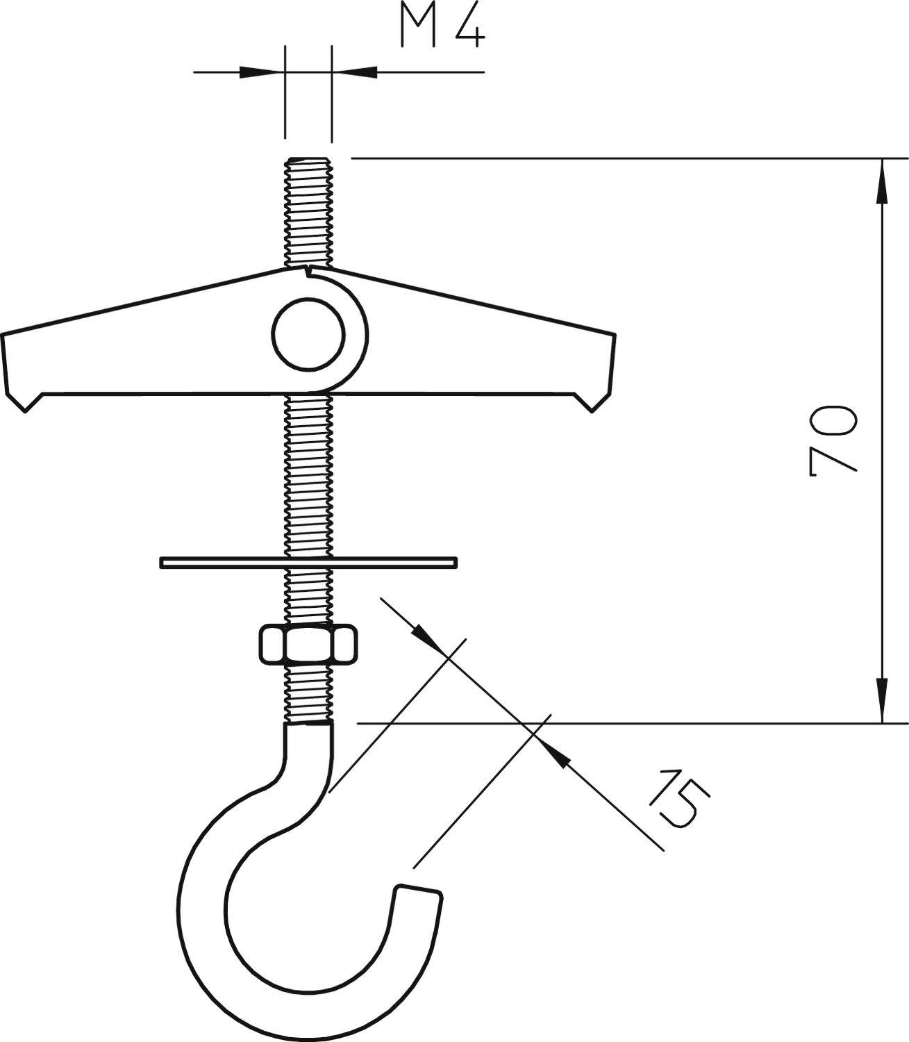 Technický výkres systému háků. Obsahuje rozměry: šroub M4, výška 70 mm a 15 mm diagonální kótování dole.