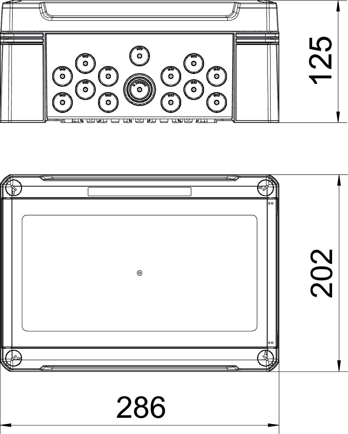 Technický výkres obdélníkového zařízení s rozměry 286 x 202 x 125 mm. Pohled ukazuje přední a horní stranu se vstupními konektory.