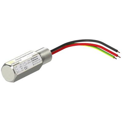 Válcový senzor s kovovým pouzdrem a čtyřmi vyčnívajícími barevnými kabely (černá, červená, zelená, žlutá) pro elektrické připojení.