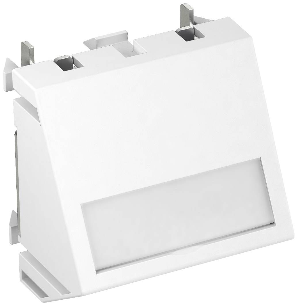 Bílý plastový modul s obdélníkovitou, lehce skloněnou přední částí a konektory nahoře, vhodný pro elektronické aplikace.