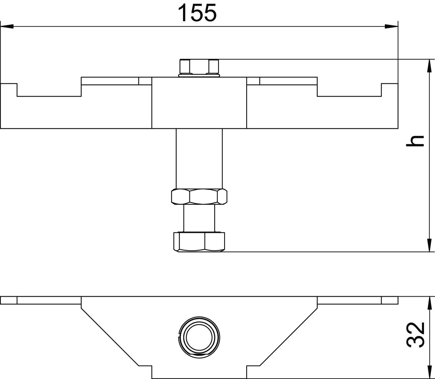 Technický výkres strojní součásti s rozměry: šířka 155 mm, výška neznámá (h), spodní šířka 32 mm.