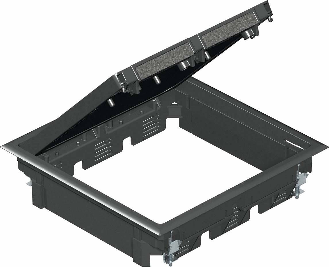 Otevřená čtvercová podlahová krabice s kabelovými vstupy po stranách, vhodná pro instalaci v podlahách budov.