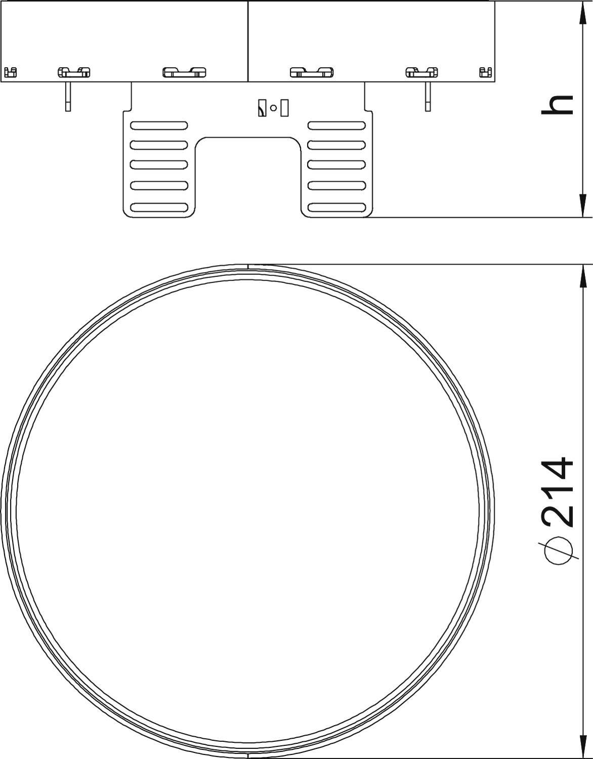 Technický výkres kulatého stropního svítidla o průměru 214 mm a výšce 'h', zobrazující detaily připojení.