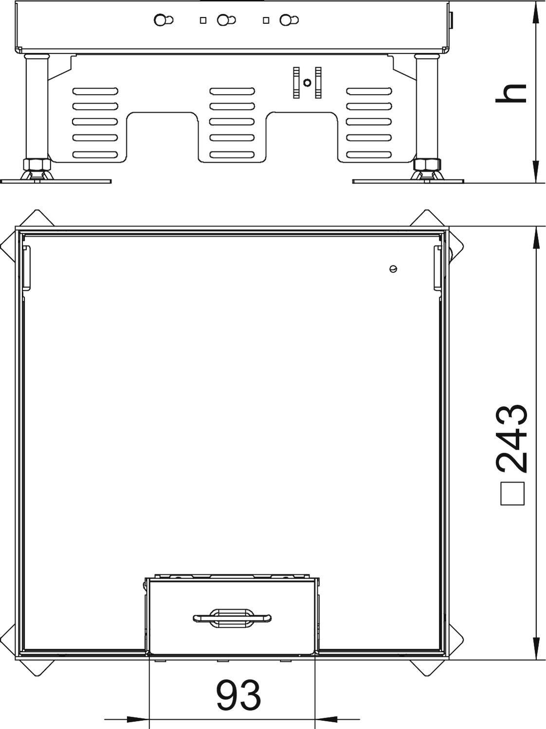Technický výkres obdélníkového zařízení shora a z boku, rozměry: 243 x 93 mm, výška uváděna jako 'h'.
