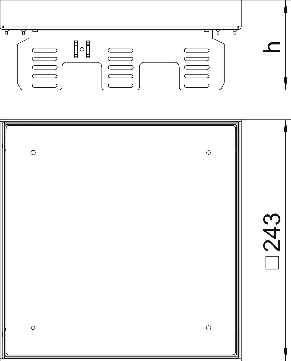 Technický výkres obdélníkového objektu s rozměry 243 mm na straně a výškou h. Zobrazuje pohled shora a boční pohled.