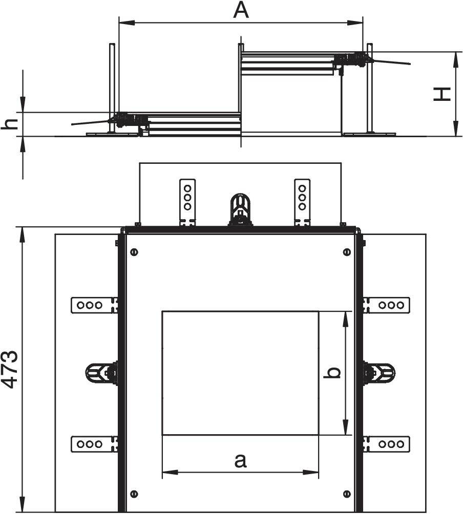 Technický výkres elektrické součástky s rozměry: šířka 'a', výška 'b', celková šířka 473 mm. Zobrazeno z pohledu shora a z boku.