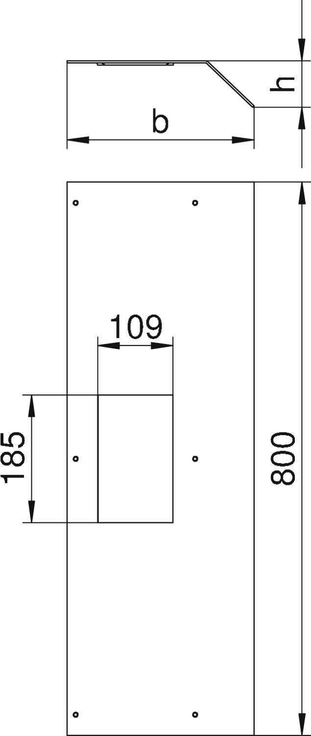 Technický výkres obdélníkové součásti s rozměry 800 mm výšky a 185 mm šířky. Vnitřní obdélník o rozměrech 109 mm je vyznačen.