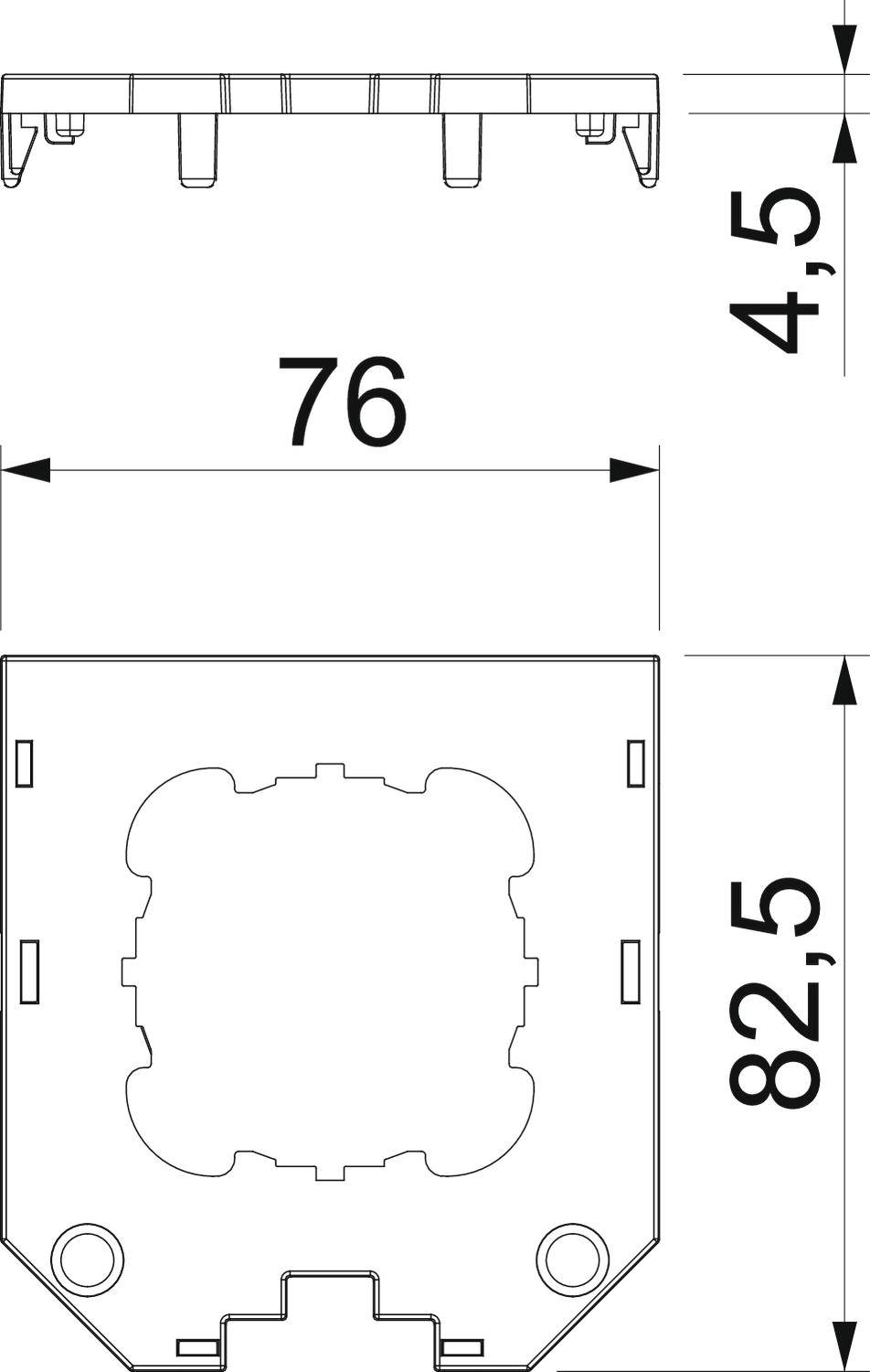 Technický výkres obdélníkového dílu s rozměry: šířka 76 mm, výška 82,5 mm a tloušťka 4,5 mm.