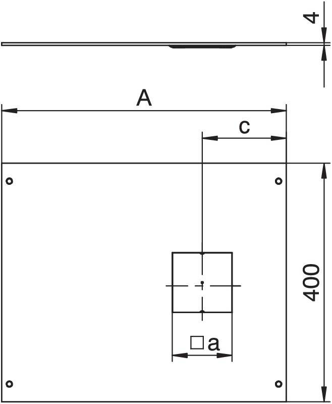 Technický výkres: Nahoře je boční pohled s tenkou čarou a rozměrem '4'. Dole je pohled zepředu s rozměry 'A', 'c' a '400'.