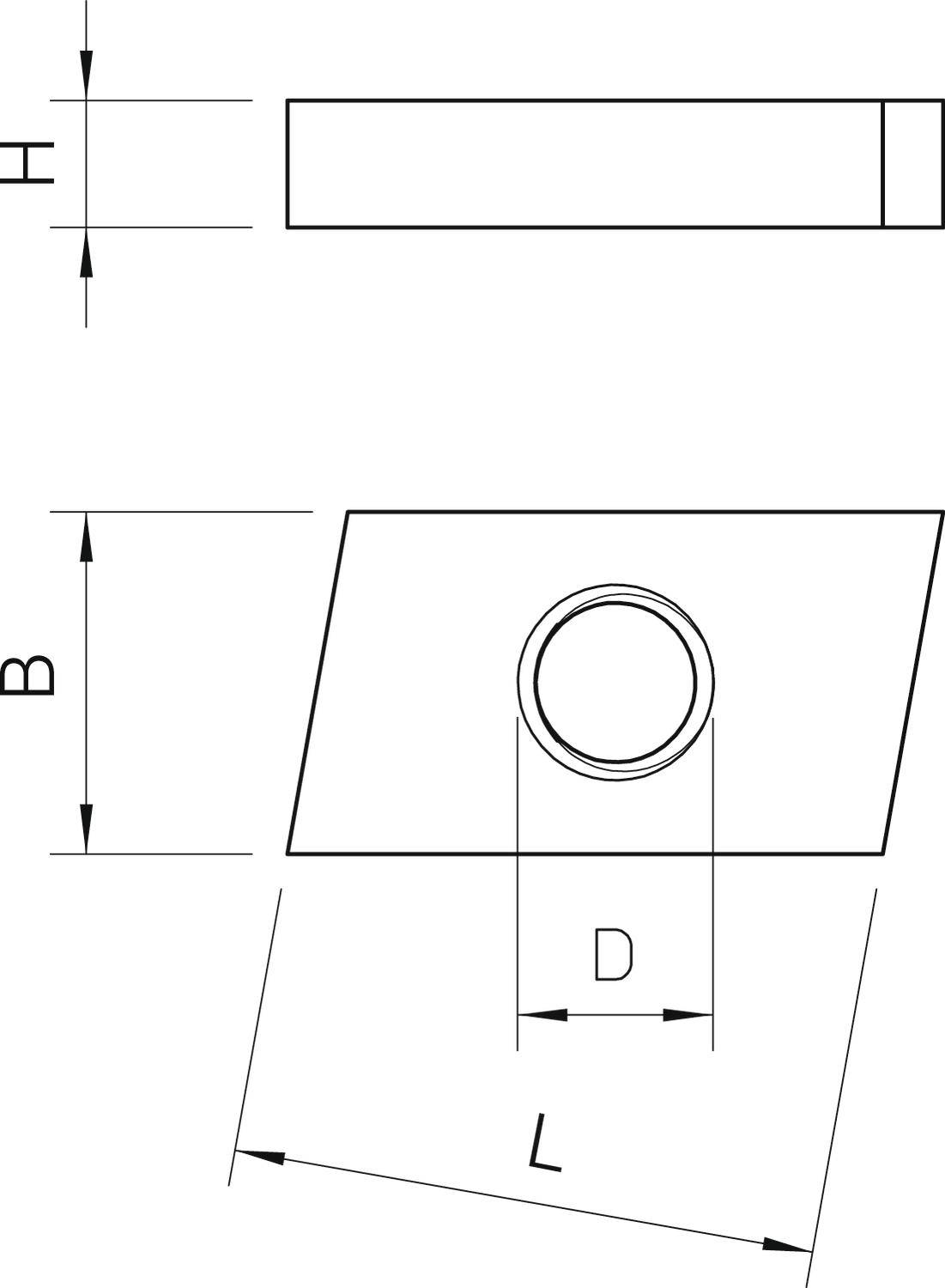 Technický výkres obdélníkové součásti s válcovým otvorem. Rozměry: výška (H), šířka (B), délka (L) a průměr (D).
