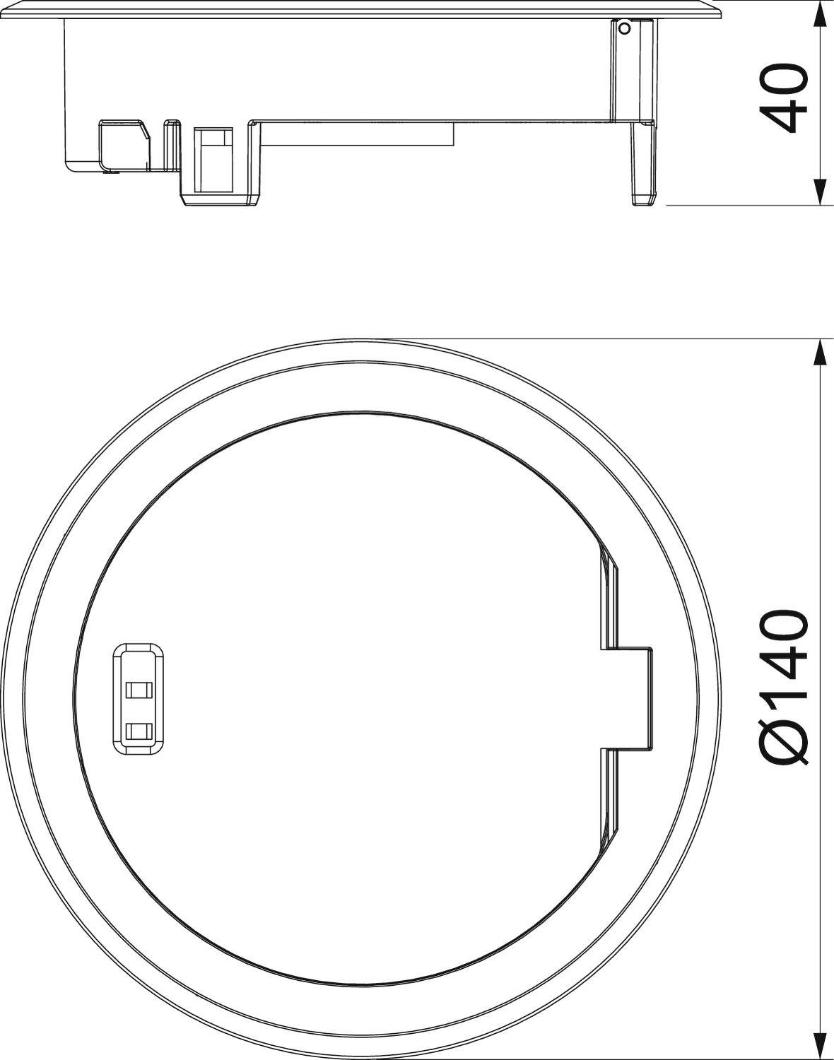 Technický výkres kruhového objektu o průměru 140 mm a výšce 40 mm, boční a pohled shora.