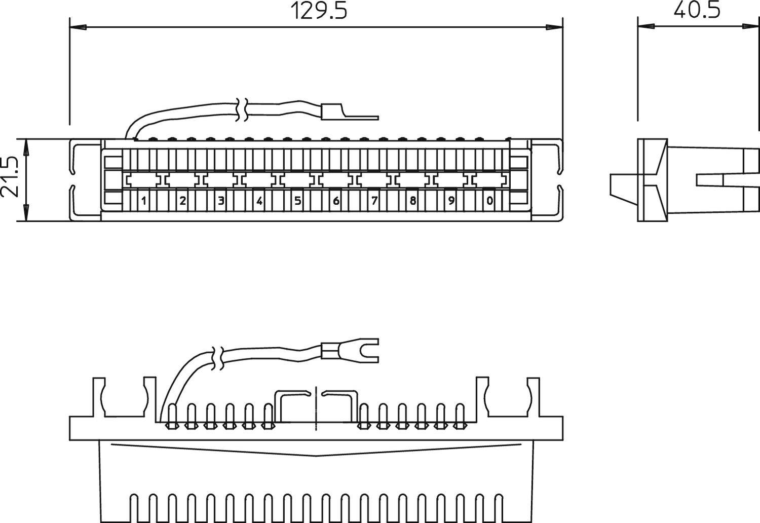 Technický výkres konektoru s rozměry: délka 129,5 mm, výška 21,5 mm, šířka 40,5 mm. Zobrazuje drátové kontakty a pin konektory.