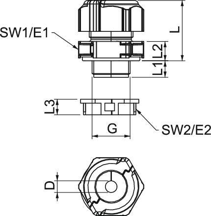 Technický výkres šroubení s rozměry: SW1/E1, SW2/E2, L, L1, L2, L3, G, D. Použij tyto pro správnou instalaci.