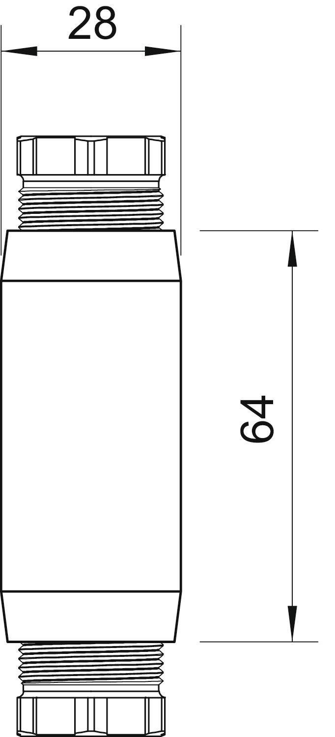 Technický výkres válcové součásti se závitem na obou koncích, široké 28 mm, vysoké 64 mm.