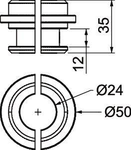 Technický výkres válcové součásti se dvěma pohledy. Nahoře: boční pohled ukazuje výšku 35 mm a mezilehlou výšku 12 mm. Dole: pohled shora s průměry Ø24 mm a Ø50 mm.