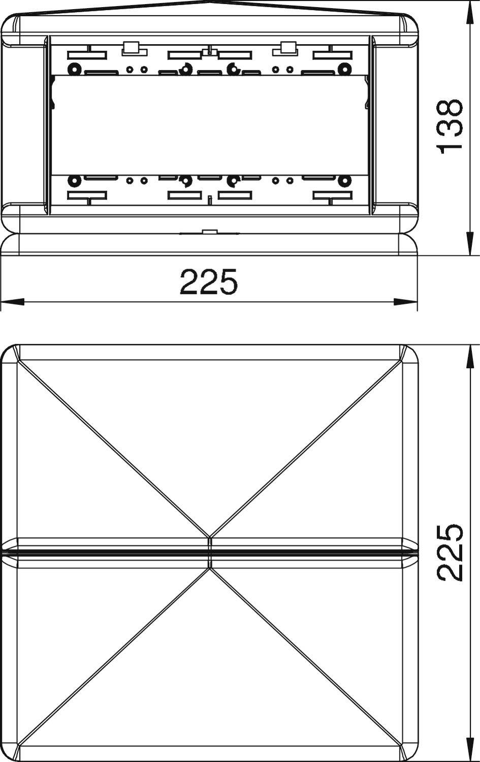 Výkres obdélníkového zařízení s rozměry: šířka 225 mm a výška 138 mm. Čáry a symboly znázorňují technické detaily.
