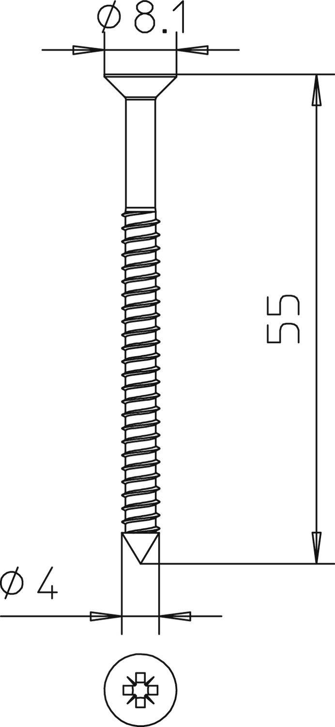 Technický výkres šroubu. Nahoře průměr 8,1 mm, dole 4 mm. Celková délka 55 mm, zobrazen Torx hlavou.