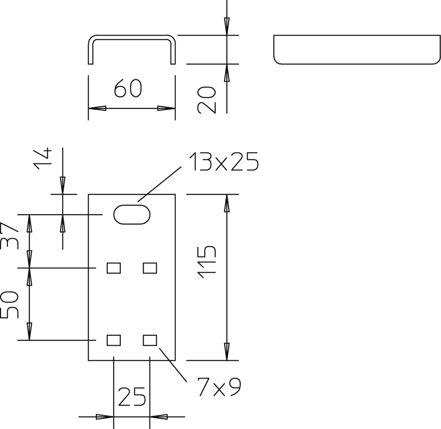 Technický výkres obdélníkového kovového dílu s vrtanými otvory a ohybem. Rozměry: 115 x 60 mm, velikost otvoru: 13 x 25 mm.