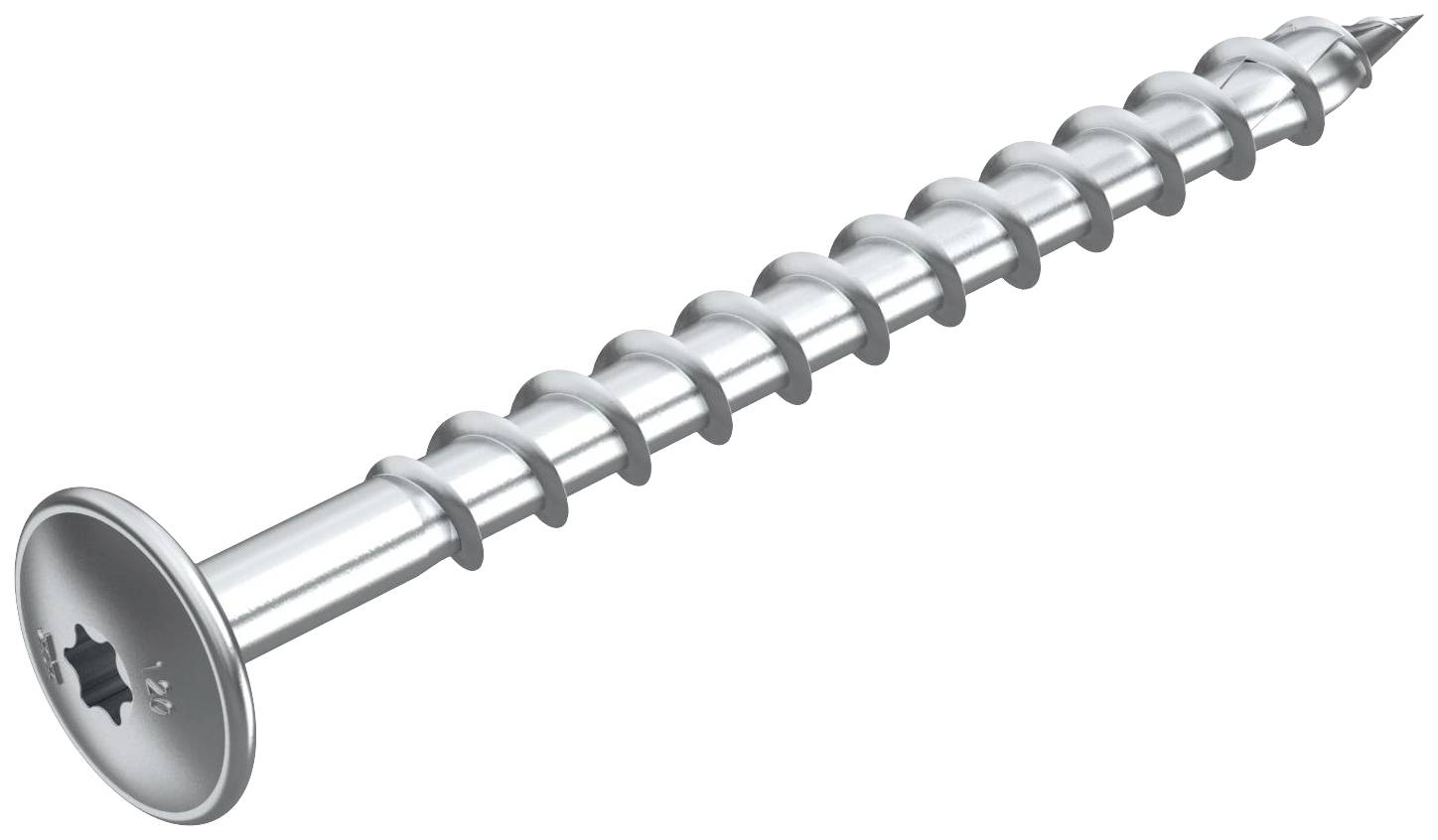 Stříbrná dřevěná šroub s Torx drážkou, hladkým dříkem a samořezným závitem. Ideální pro dřevěné spoje.