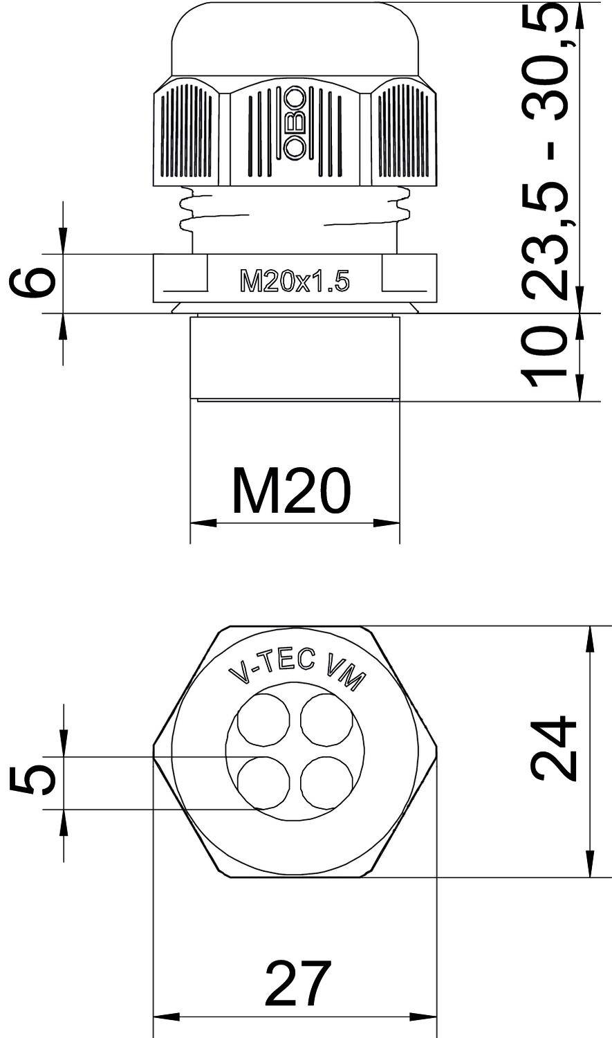 Technický výkres součásti kabelové průchodky. Nahoře boční pohled s rozměry, dole pohled shora. Rozměry: 10–30,5 mm, 27 mm široká.