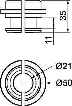 Technický výkres konstrukční kruhové podložky s rozměry: výška 35 mm, šířka 50 mm, vnitřní průměr 21 mm, detail příčného řezu.