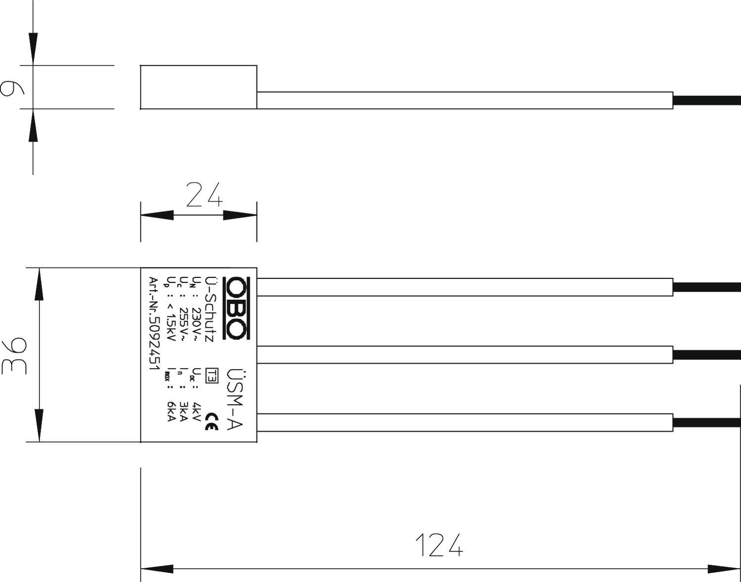 Technický výkres zařízení OBO USM-A s rozměry 9 mm, 24 mm, 36 mm a 124 mm. Zobrazuje kabelové přípojky a označení produktu.