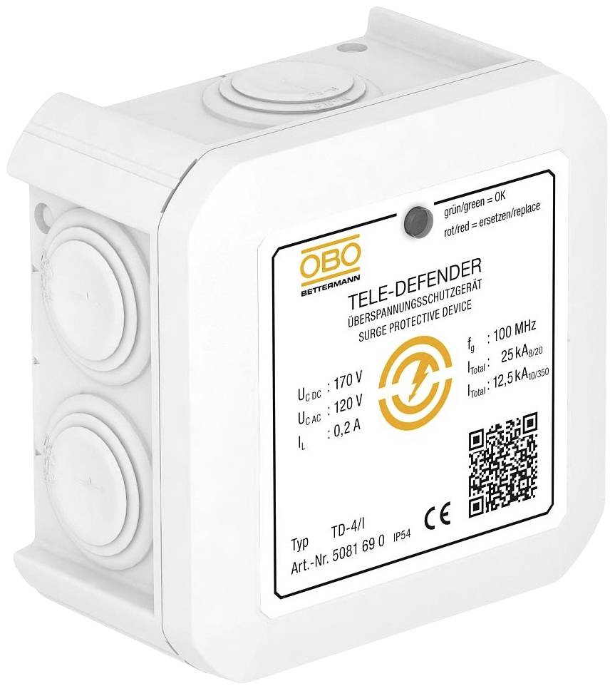 Zařízení pro ochranu před přepětím 'TELE-DEFENDER' od OBO Bettermann. Technické údaje: 170V stejnosměrného napětí, 120V střídavého napětí, maximálně 25kA proudové zatížení.
