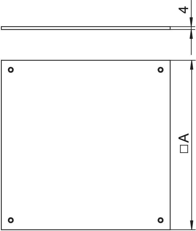 Technický výkres čtvercového kovového plechu se čtyřmi upevňovacími otvory; tloušťka: 4 mm; délka strany: A.