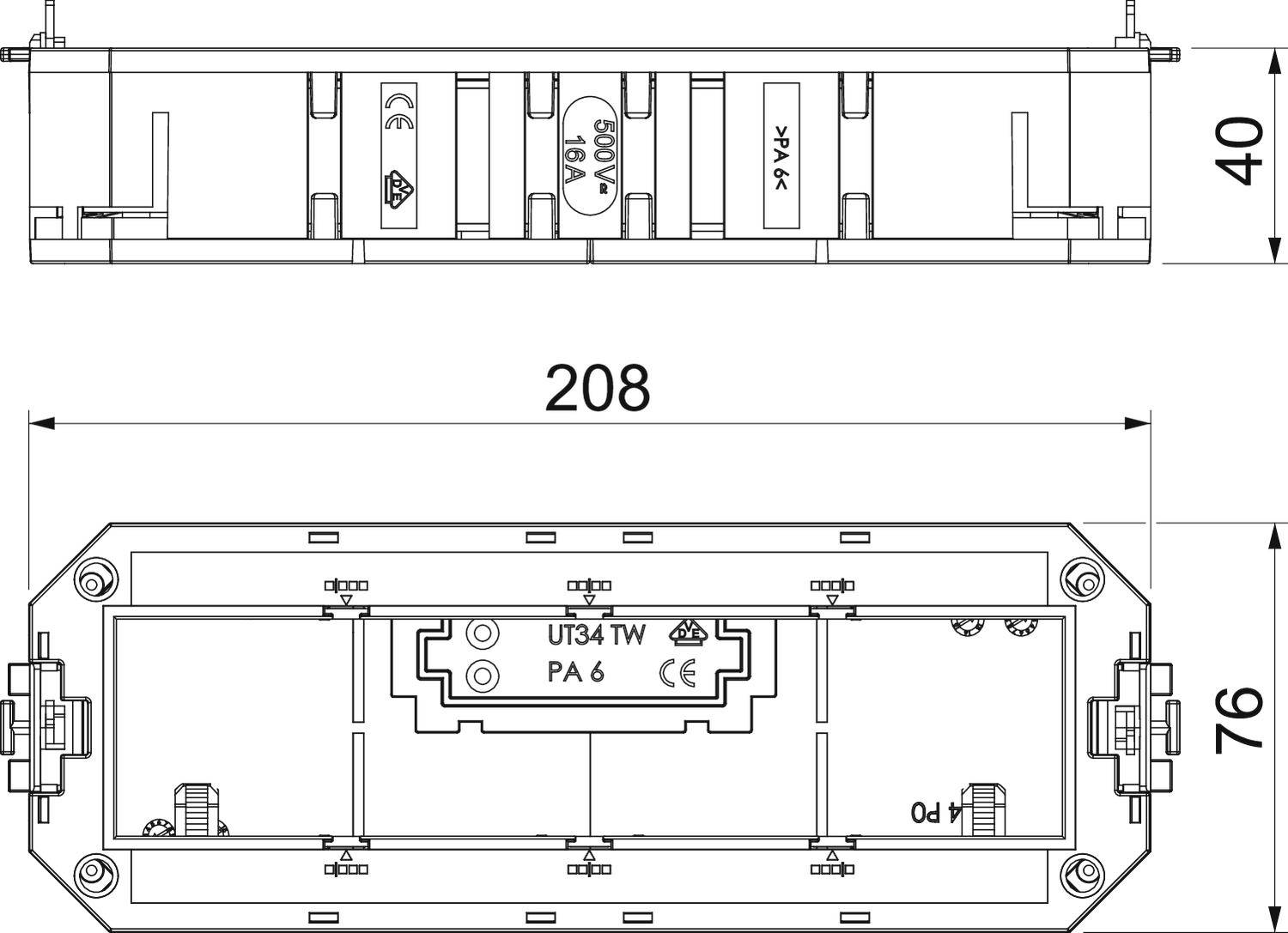 Technický výkres součásti s rozměry 208 mm x 76 mm x 40 mm. Obsahuje symboly pro různé technické specifikace.