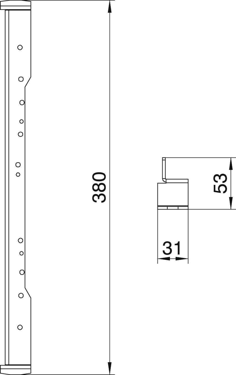 Technický výkres kovové součásti se dvěma rozměry: délka 380 mm, šířka 31 mm. Boční výška činí 53 mm.