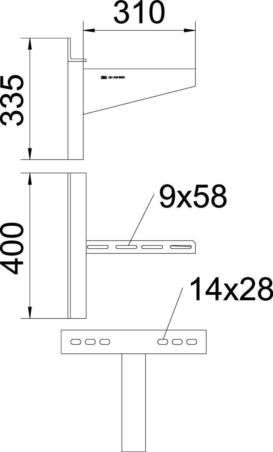 Konstrukční výkres nástěnného držáku. Rozměry: délka 310 mm, výška 335 mm, celková šířka 400 mm. Montážní otvory: 9x58 mm a 14x28 mm.