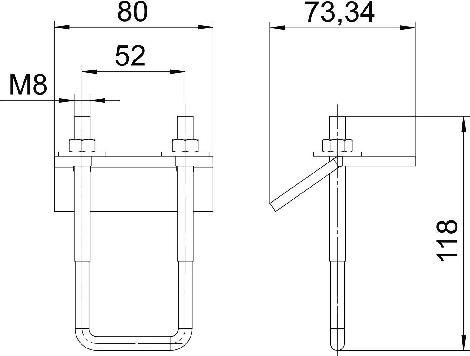 Technický výkres U-svorky s rozměry: šířka 80 mm, výška 118 mm, průměr šroubu M8, vzdálenost mezi šrouby 52 mm.