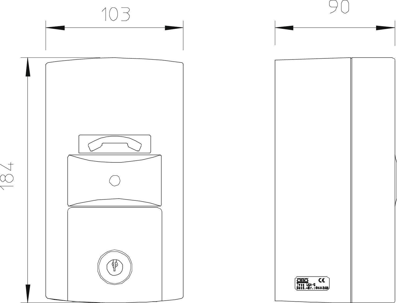 Technický výkres zámku s rozměry 184 mm výšky, 103 mm šířky a 90 mm hloubky.