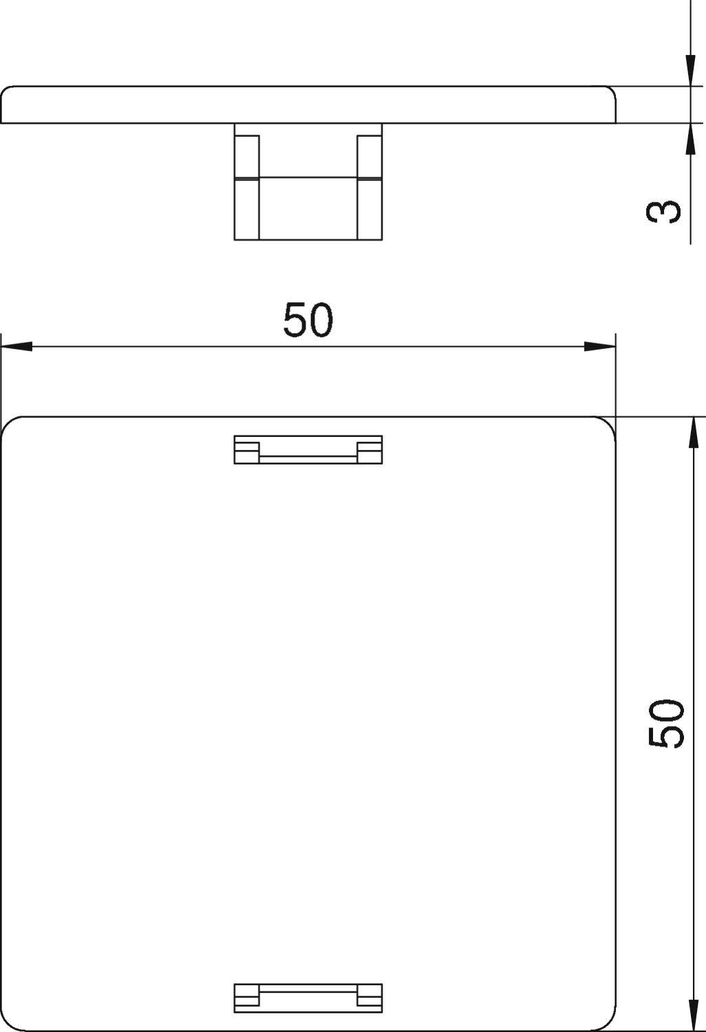 Technický výkres čtvercového objektu o rozměrech 50x50 s výškou 3; boční pohled a pohled shora.