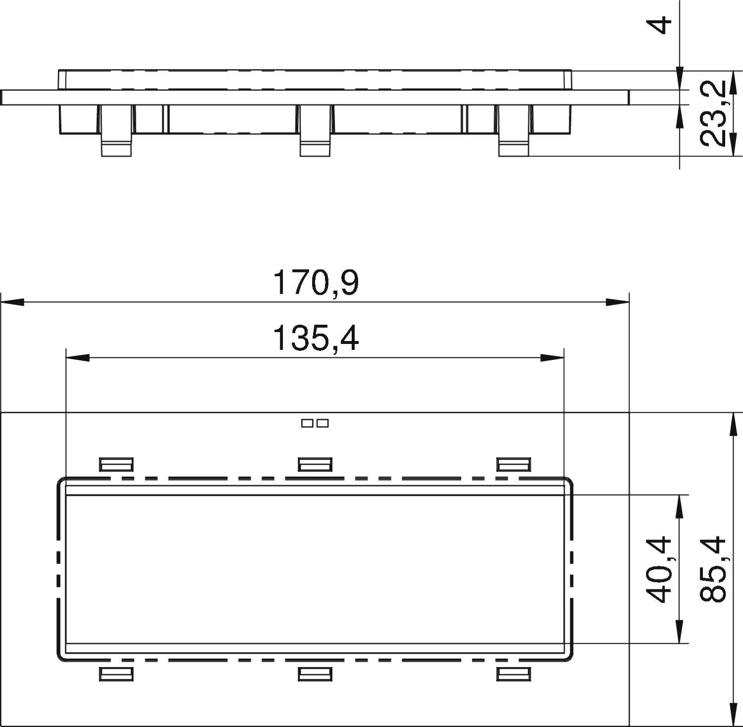 Technický výkres obdélníkové součásti s rozměry: 170 mm délka, 85,4 mm šířka a 23,2 mm výška.