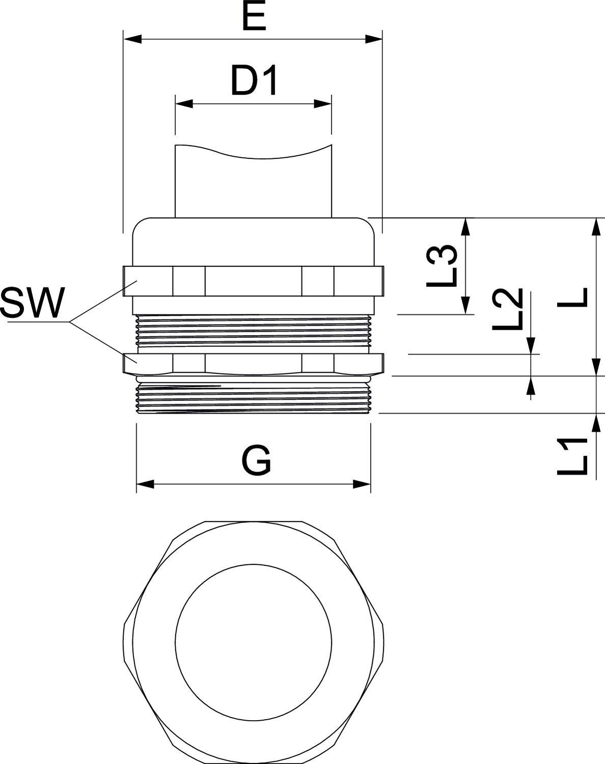 Technický výkres uzavíracího víčka s rozměry: E, D1, SW, G, L, L1, L2 a L3. Boční pohled a pohled shora.