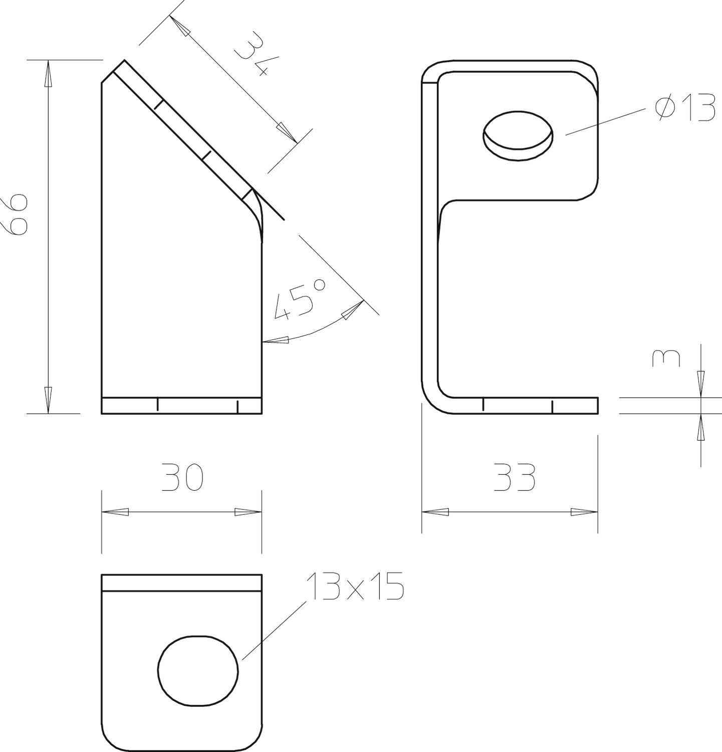 Technický výkres kovového úhelníku s rozměry: výška 66 mm, šířka 30 mm, hloubka 33 mm. Úhel 45 stupňů, průměr otvoru 13 mm.