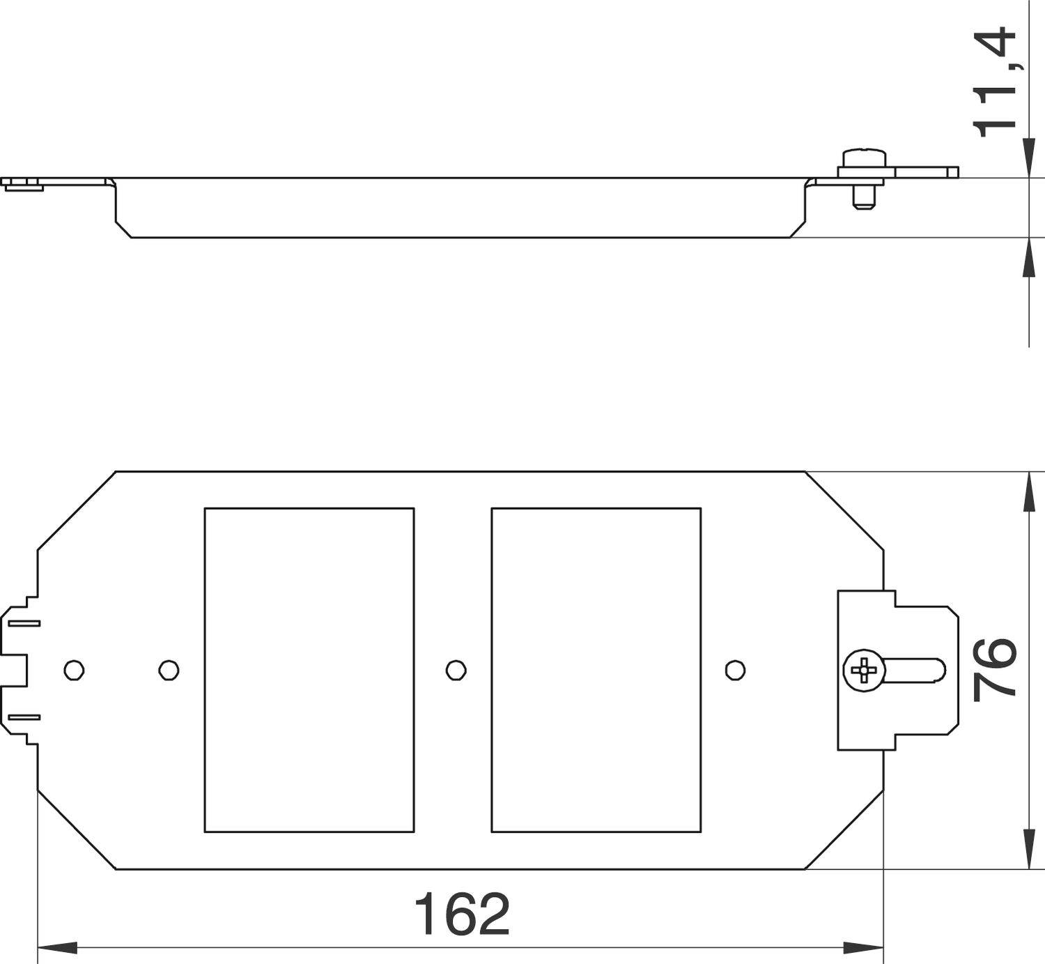 Technický výkres obdélníkového kovového dílu s rozměry: šířka 162 mm, výška 76 mm, tloušťka 1,4 mm. Horní a boční pohled.