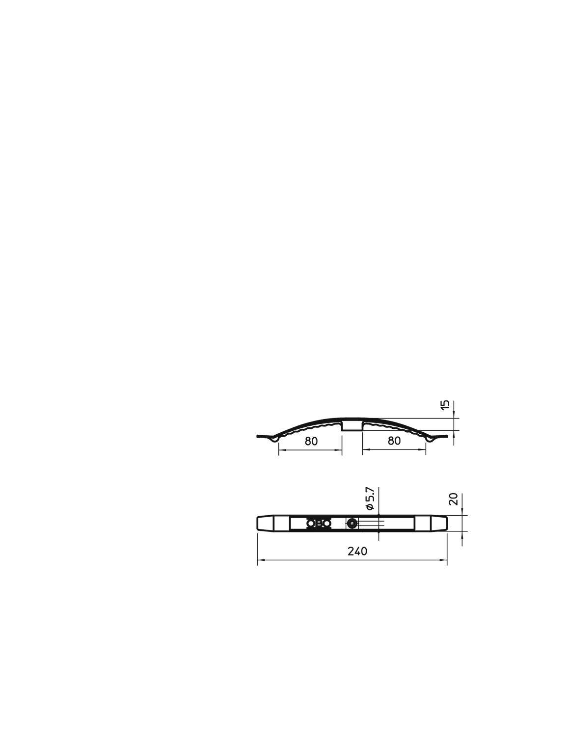Technický výkres součásti s rozměry: délka 240 mm, šířka 80 mm. Výškový profil a čelní pohled s detailním zobrazením.