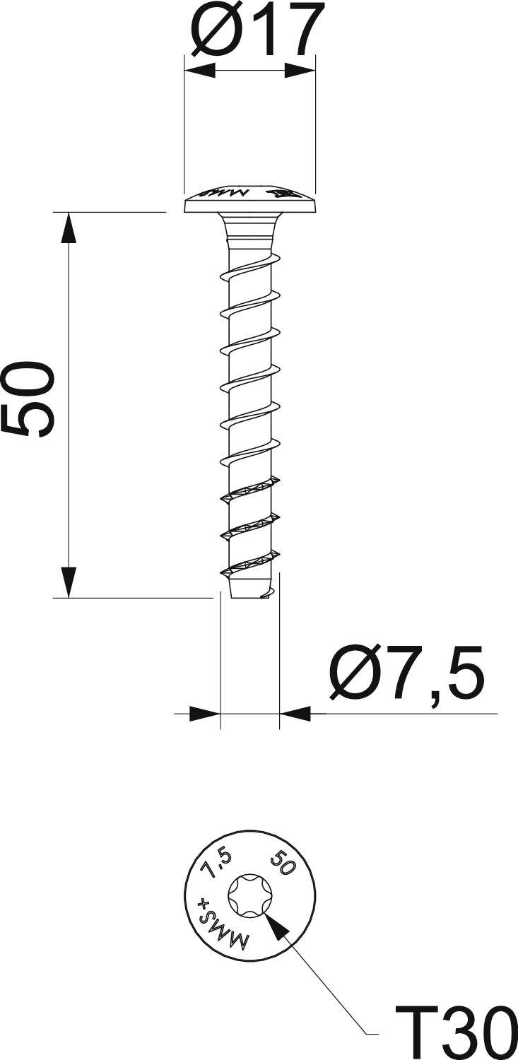 Náčrt šroubu s rozměry: délka 50 mm, průměr hlavy 17 mm, průměr dříku 7,5 mm. Hlava s T30 náhonem.