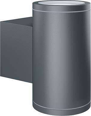 Válcové nástěnné svítidlo v moderním designu, provedené v kovovém šedém odstínu, s robustním pravoúhlým nástěnným držákem.