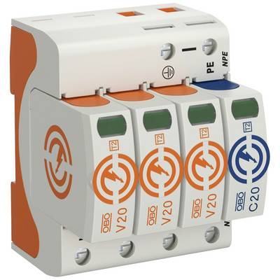 Čtyřpólová ochrana proti přepětí v elektrickém rozvaděči, označená 'V20' a 'C20'.