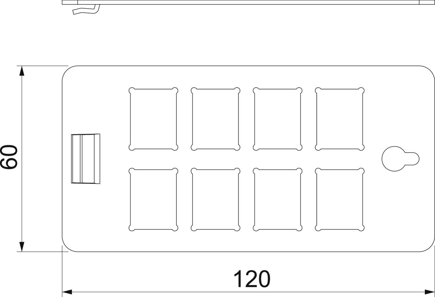 Technický výkres obdélníkového objektu o rozměrech 60x120, zobrazující osm čtvercových výřezů a jeden kruhový otvor.