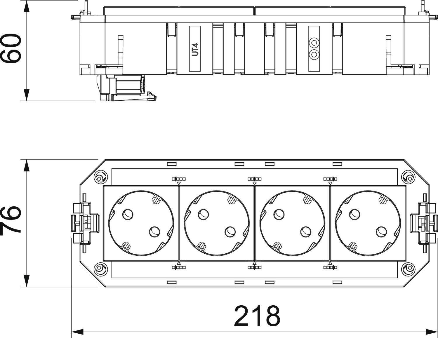 Technický výkres čtyřnásobné elektrické zásuvkové lišty s rozměry: výška 60 mm, šířka 76 mm, délka 218 mm. Pohled shora a z boku.