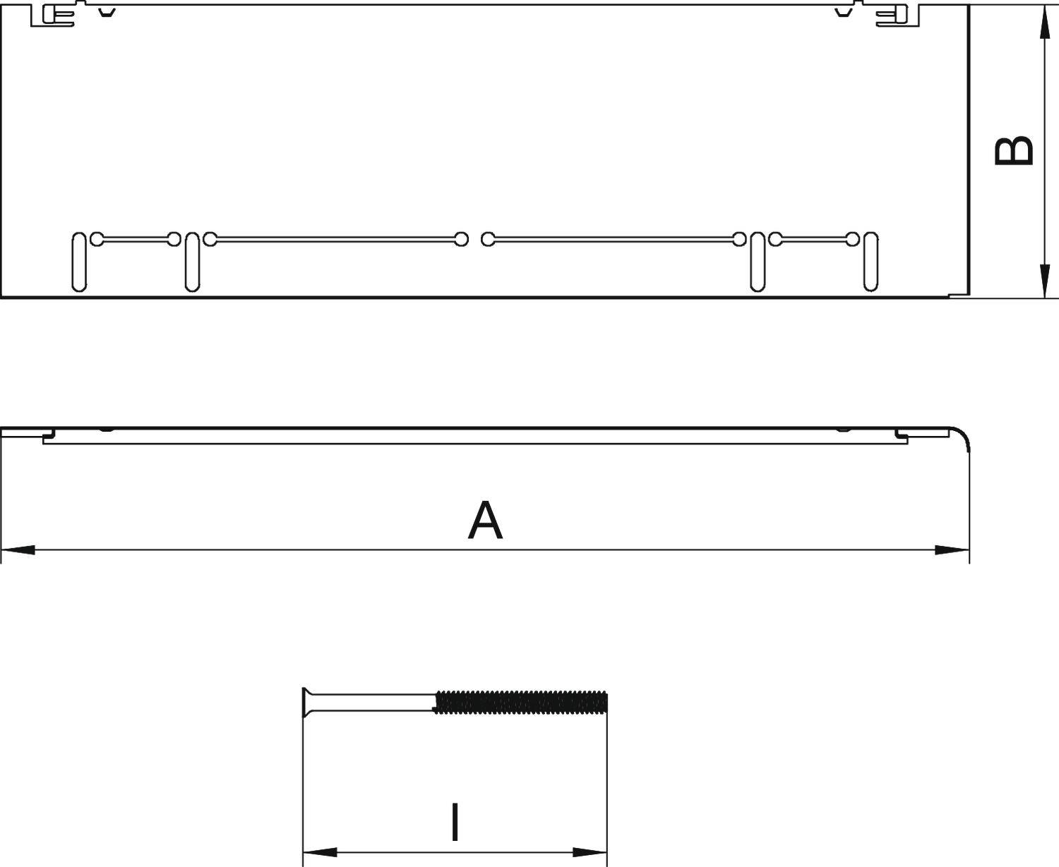 Technický výkres součásti s rozměry A, B a I. Horní sekce zobrazuje pohled shora, střední sekce boční pohled, spodní sekce detail.