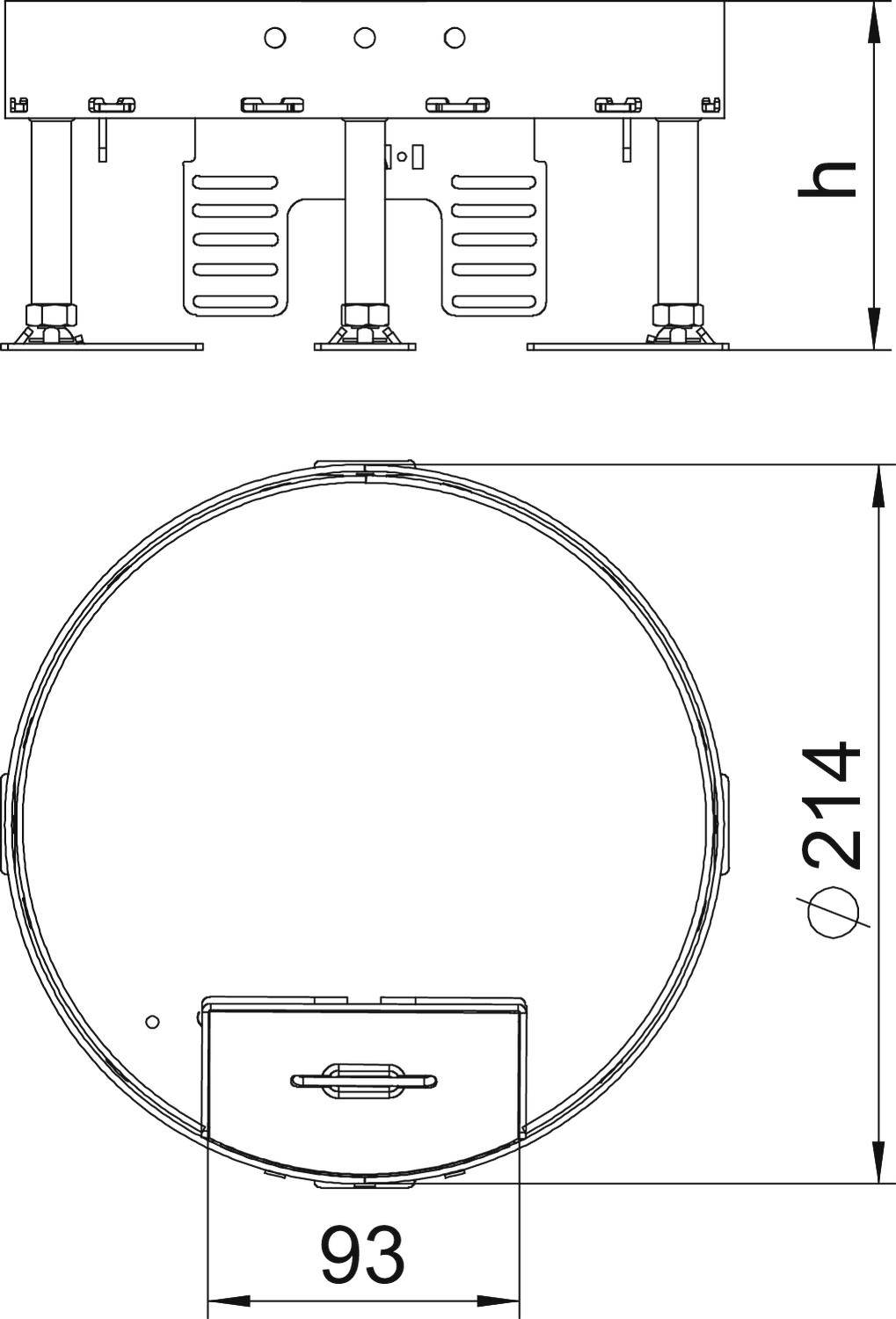 Technický výkres kulatého objektu o průměru 214 mm a výšce 93 mm, včetně podstavných nohou.
